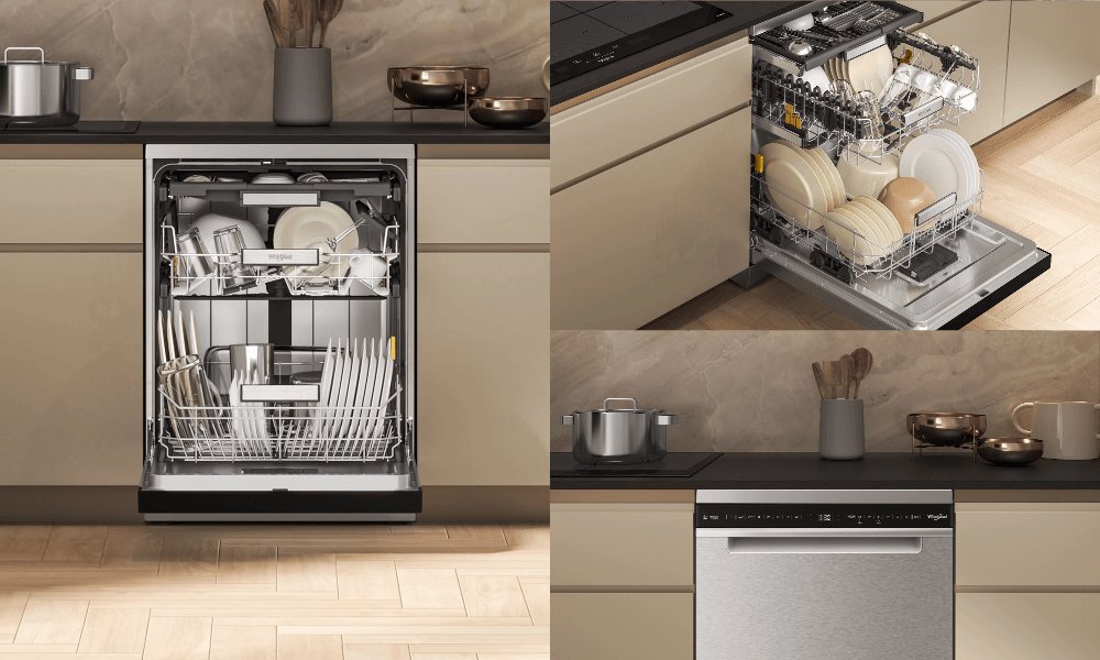 ZMYWARKA WHIRLPOOL W7F HS51 X wizualizacja zmywarka zbliżenie otwarta wnętrze budowa kosze wygląd estetyka elegancki design solidne wykonanie konstrukcja budowa Wykończenie stal nierdzewna