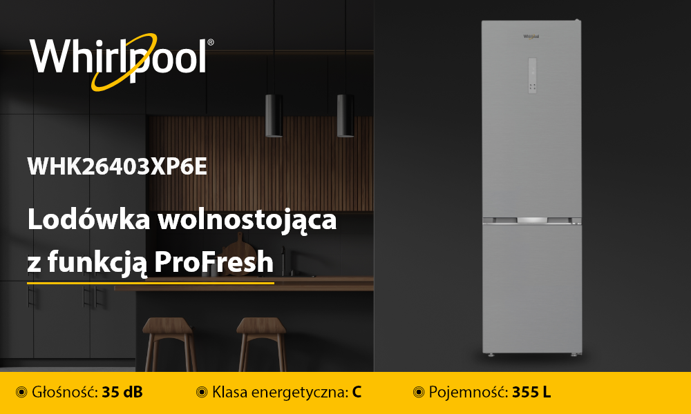 LODÓWKA WHIRLPOOL WHK26403XP6E wizualizacja baner top logo marka model front zamknięty kolor biały