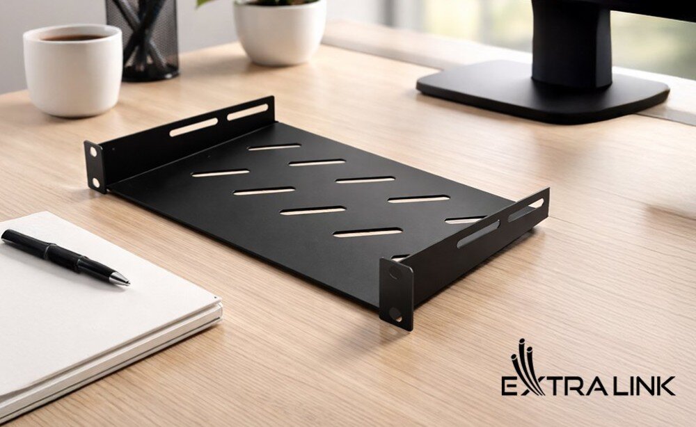 Półka EXTRALINK EX.28846 Metalowa, czarna półka z otworami wentylacyjnymi, leżąca na drewnianym biurku obok notesu, długopisu i monitora
