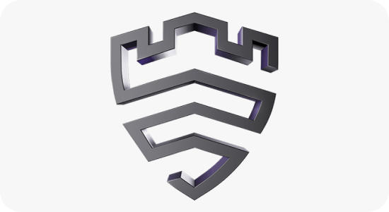 Metalowa tarcza symbolizująca Samsung Knox Logo w kształcie stylizowanej tarczy z geometrycznymi wzorami, w kolorze szarym z fioletowymi akcentami.