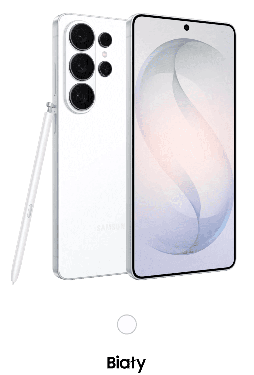 Packshot Galaxy S26 Ultra w kolorze białym Na obrazie widoczny jest biały smartfon z trzema dużymi aparatami z tyłu oraz rysikiem obok. Ekran urządzenia wyświetla abstrakcyjny wzór, a poniżej znajduje się napis \'biały\'.