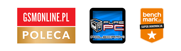 Loga nagród GSMonline, PurePC i Benchmark – polecane produkty i innowacja. Obraz przedstawia trzy logotypy z rekomendacjami: \'GSMONLINE.PL POLECA\', \'PURE PC POLECAMY\', oraz \'benchmark.pl SUPER INNOWACJA\'.