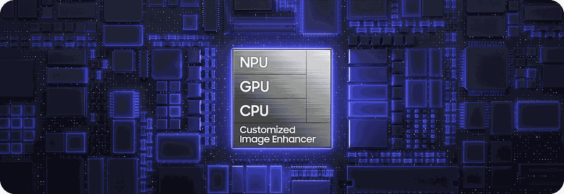 Wizualizacja procesora z modułami NPU, GPU i CPU na tle niebieskiej płyty głównej. Obraz przedstawia schemat układu scalonego z podświetlonym elementem zawierającym tekst: NPU, GPU, CPU, Customized Image Enhancer. Tło składa się z różnych prostokątnych kształtów w odcieniach niebieskiego.