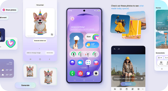Ekran smartfona Galaxy z widżetami i funkcjami AI do edycji zdjęć. Obraz przedstawia interfejs użytkownika smartfona z różnymi aplikacjami i widżetami, w tym pogodą i przypomnieniem o urodzinach. Widoczne są także kolorowe grafiki i zdjęcia, w tym pies w czapce urodzinowej oraz osoba w żółtej czapce na tle nieba.