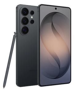 Packshot Galaxy S26 Ultra w kolorze czarnym Na obrazie widoczny jest smartfon z dużym ekranem i trzema aparatami z tyłu. Obok urządzenia znajduje się rysik, a na ekranie wyświetlony jest abstrakcyjny wzór.