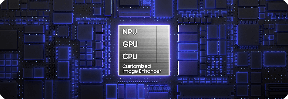 Obraz przedstawia schemat układu scalonego z podświetlonym elementem zawierającym tekst: NPU, GPU, CPU, Customized Image Enhancer. Tło składa się z różnych prostokątnych kształtów w odcieniach niebieskiego.