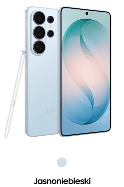 Na obrazie widoczny jest biały smartfon z dużym ekranem i trzema aparatami z tyłu. Obok telefonu znajduje się rysik, a na ekranie wyświetlony jest abstrakcyjny wzór w odcieniach niebieskiego i zielonego.