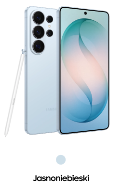 Na obrazie widoczny jest biały smartfon z dużym ekranem i trzema aparatami z tyłu oraz rysik. Na ekranie wyświetlony jest abstrakcyjny wzór w odcieniach niebieskiego i różowego.