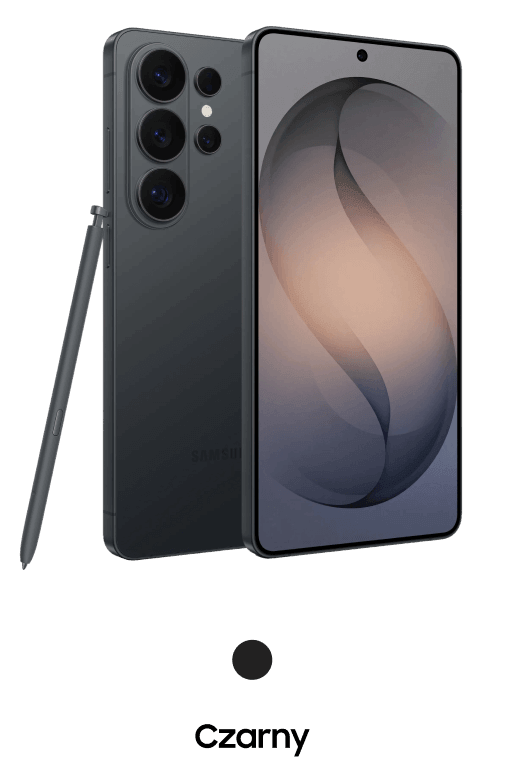 Packshot Galaxy S26 Ultra w kolorze czarnym Smartfon z dużym ekranem i trzema aparatami z tyłu, obok znajduje się rysik. Na ekranie widoczna jest abstrakcyjna grafika.