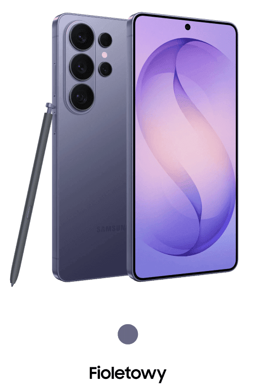 Packshot Galaxy S26 Ultra w kolorze fioletowym Smartfon w kolorze fioletowym z dużym ekranem i czterema aparatami z tyłu. Obok telefonu znajduje się rysik, a poniżej widoczny jest napis \'Fioletowy\'.