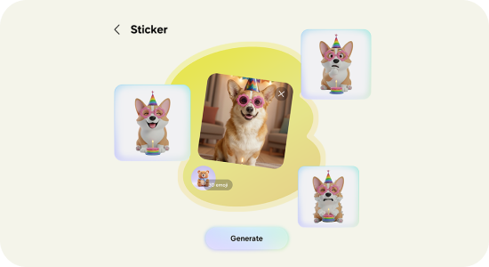 Na ekranie aplikacji widoczny jest pies w okularach i czapce urodzinowej, otoczony trzema naklejkami przedstawiającymi podobnego psa. Na dole znajduje się przycisk z napisem \'Generate\'.