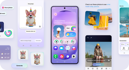 Ekran smartfona Galaxy z widżetami i funkcjami AI do edycji zdjęć. Ekran smartfona Galaxy z widżetami i funkcjami AI do edycji zdjęć.