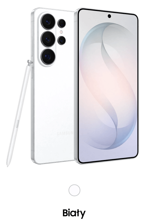 Biały smartfon z dużym ekranem i trzema aparatami z tyłu, obok znajduje się rysik. Na ekranie widoczna jest abstrakcyjna grafika w pastelowych kolorach.