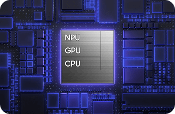 Obraz przedstawia schemat układu scalonego z widocznymi napisami: NPU, GPU, CPU. Tło jest ciemne z niebieskimi akcentami wokół elementów układu.