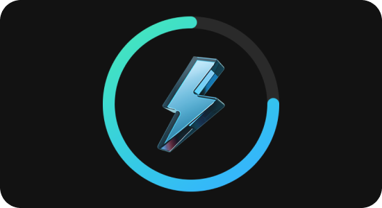 Ikona błyskawicy w okręgu symbolizująca szybkie ładowanie urządzenia. Ikona przedstawia niebieską błyskawicę otoczoną okręgiem z gradientem od niebieskiego do czarnego na czarnym tle.