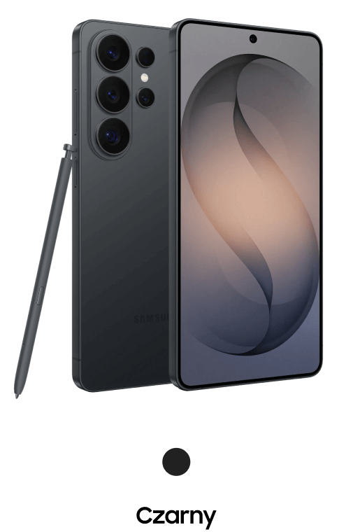 Packshot Galaxy S26 Ultra w kolorze czarnym Smartfon z dużym ekranem, widoczny z przodu i z tyłu, z rysikiem obok. Na ekranie wyświetlony jest abstrakcyjny wzór, a obudowa jest w kolorze czarnym.