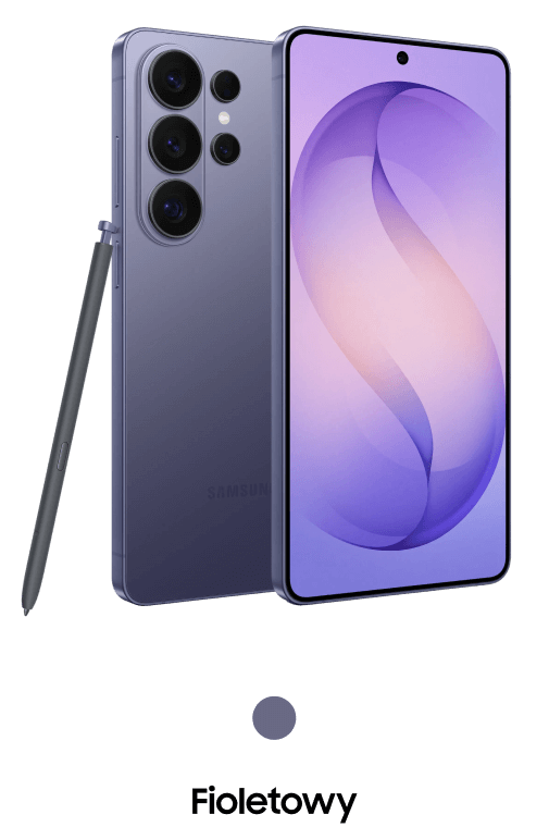 Packshot Galaxy S26 Ultra w kolorze fioletowym Smartfon z dużym ekranem i czterema aparatami z tyłu, obok znajduje się rysik. Na ekranie widoczna jest abstrakcyjna grafika w odcieniach fioletu.