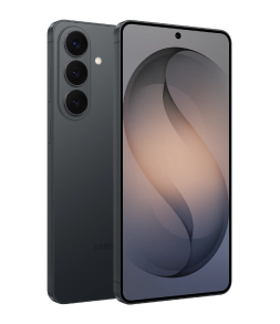 Packshot Galaxy S26+ w kolorze czarnym Dwa smartfony z widocznymi ekranami i tylnymi aparatami. Na ekranie jednego z nich widoczny jest abstrakcyjny wzór w odcieniach szarości i beżu.