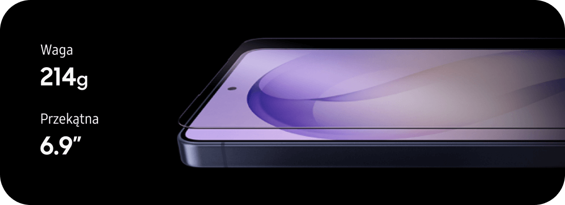 Zbliżenie na ekran Galaxy S26 Ultra 6,9″ z podaną wagą 214 g. Obraz przedstawia smartfon z wyświetlaczem o przekątnej 6.9 cala, z widocznym tekstem: \'Waga 214g Przekątna 6.9\