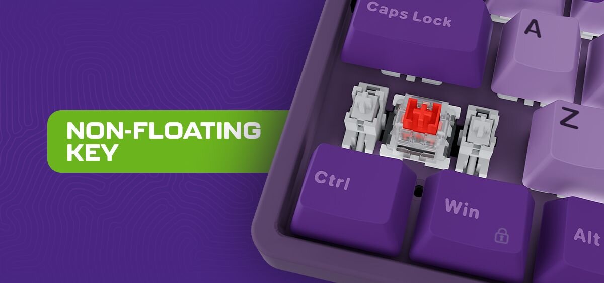 FURY Kanabo K2 Forma non-floating key sztywność i stabilność całej konstrukcji Zamknięta budowa odporność na nacisk komfortowe użytkowanie - zbliżenie na przełącznik z stabilizatorami