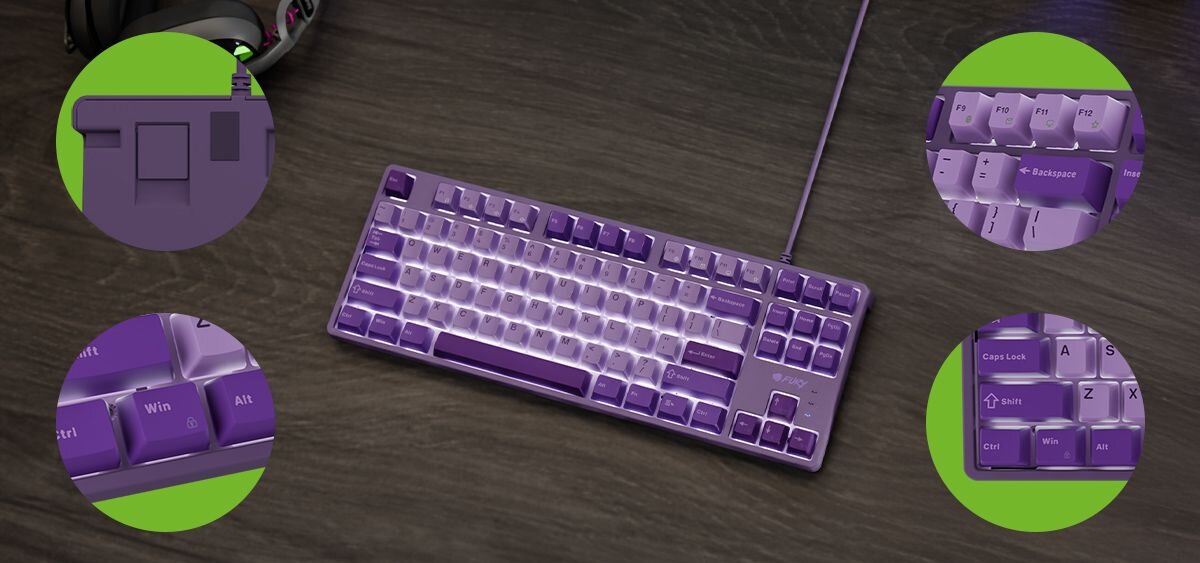 FURY Kanabo K2 regulowane nóżki ustawić kąt nachylenia Białe podświetlenie szybki dostęp do funkcji multimedialnych blokada klawisza Windows - klawiatura na blacie, zbliżenie na klawisze i nóżki