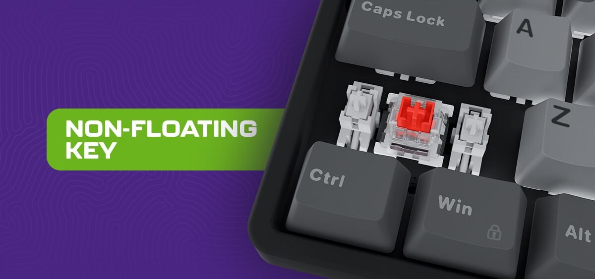 FURY Kanabo K2 Forma non-floating key sztywność i stabilność całej konstrukcji Zamknięta budowa odporność na nacisk komfortowe użytkowanie - zbliżenie na przełącznik z stabilizatorami