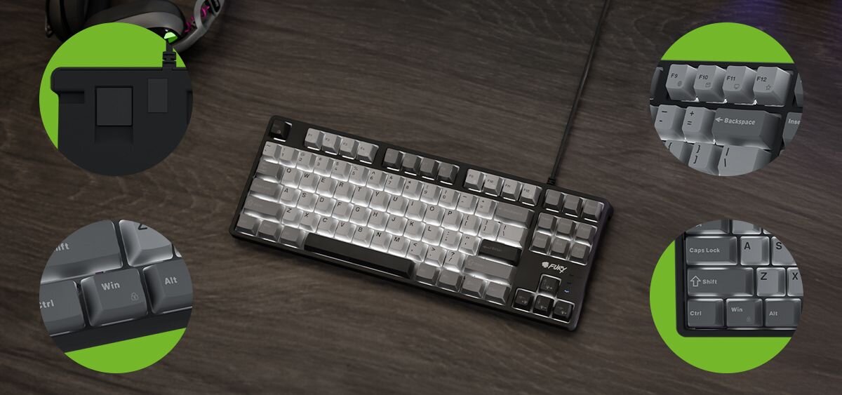 FURY Kanabo K2 regulowane nóżki ustawić kąt nachylenia Białe podświetlenie szybki dostęp do funkcji multimedialnych blokada klawisza Windows - klawiatura na blacie, zbliżenie na klawisze i nóżki