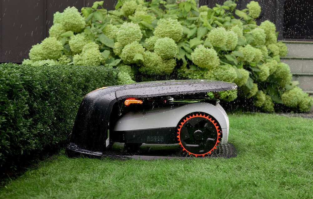 Robot koszący SEGWAY NAVIMOW i210E ogród trawnik robot stoi w stacji ładującej pada deszcz w tle dom rośliny krzewy automatyczne koszenie wygoda komfort zadbany trawnik