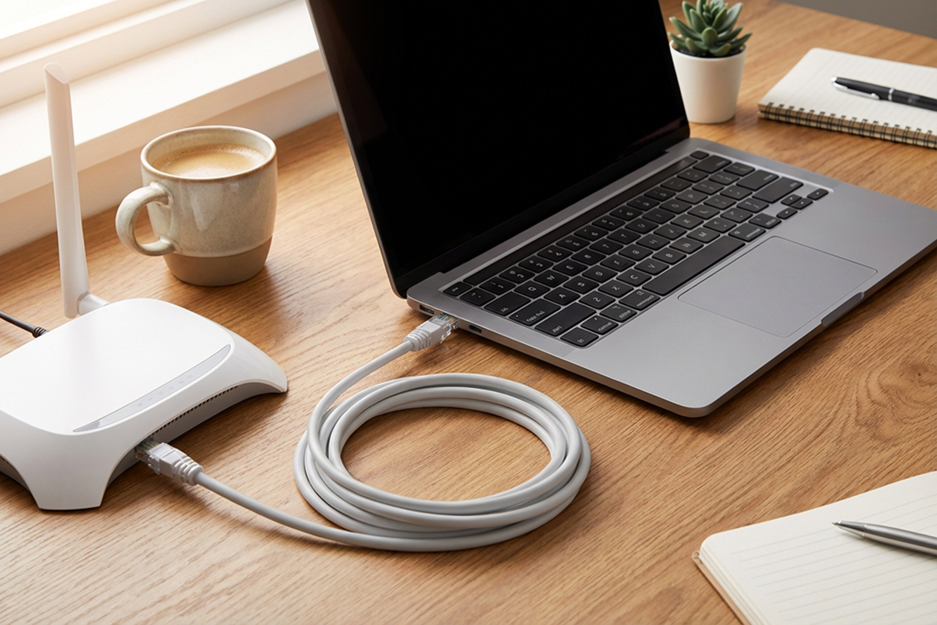 Na drewnianym biurku znajduje się laptop oraz biały router połączone szarym kablem RJ-45. Obok leży filiżanka z napojem, notes, długopis i mała roślina w doniczce.
