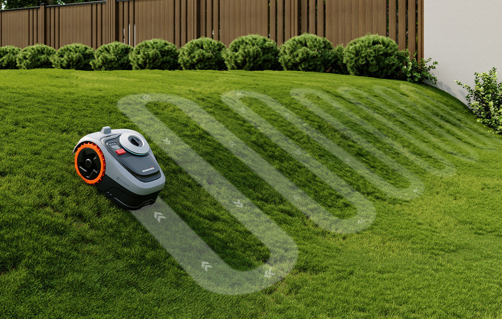 Robot koszący SEGWAY NAVIMOW i206E ogród trawnik robot kosi na wzniesieniu pokazana symulacja toru jazdy do pełnej automatyzacji pielęgnacji ogrodu dokładnemu pozycjonowaniu EFLS™ NRTK napędowi na cztery koła z funkcją Zero-Turn™ systemowi VisionFence™ opartemu na sztucznej inteligencji samodzielnie tworzy mapę terenu, omija przeszkody i radzi sobie na pochyłościach do 45%