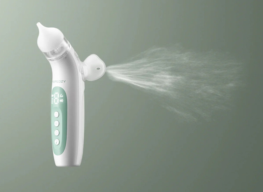 Aspirator do nosa MOMCOZY BreezyClear 2w1 Ultra-drobna mgiełka kojąca funkcja sprayu  cząsteczki o wielkości 10 mikrometrów Automatyczny mechanizm wyłącza mgiełkę po około 6 sekundach  w wieku od 2 do 12 lat