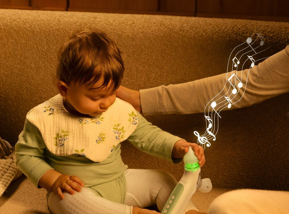 Aspirator do nosa MOMCOZY BreezyClear 2w1 Spokój podczas zabiegu Niski poziom hałasu kolorowe światła LED 6 wbudowanych kołysanek proces odsysanie