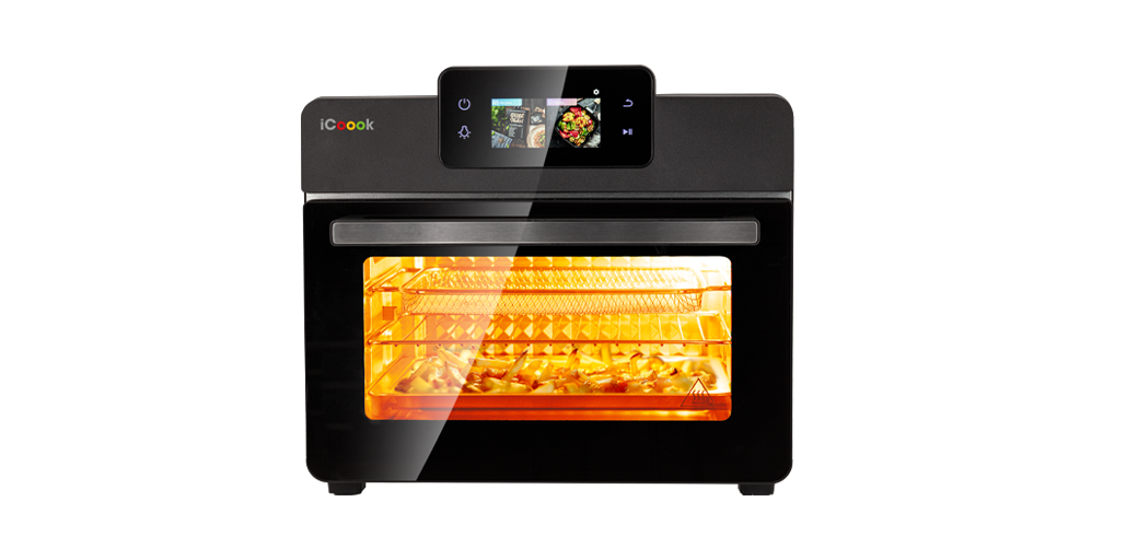 Frytkownica beztłuszczowa Oven Air Fryer iCoook MFR-IC-03 z podświetlonym wnętrzem i panelem dotykowym.