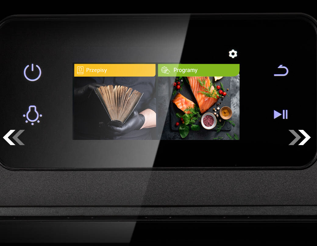 Zbliżenie na ekran Oven Air Fryer iCoook MFR-IC-03 z widocznymi zdjęciami gotowych dań.