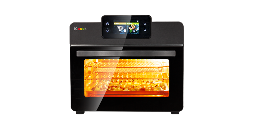Frytkownica beztłuszczowa Oven Air Fryer iCoook MFR-IC-03 z podświetlonym wnętrzem i panelem dotykowym.