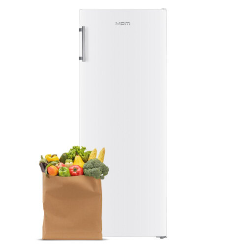 Zamrażarka szufladowa MPM-161-ZF-19/D, obok papierowa torba z warzywami i owocami.