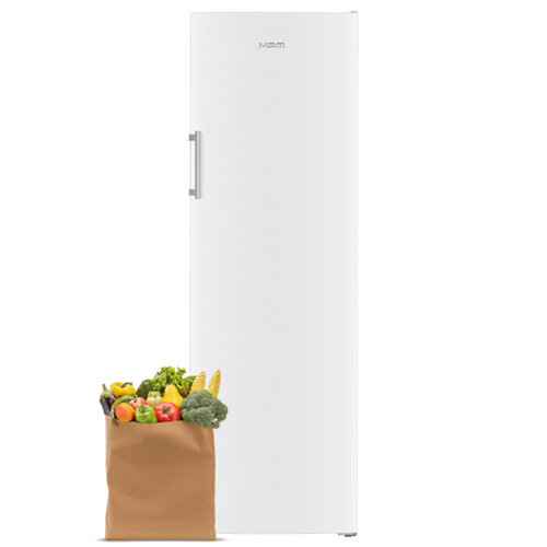 Zamrażarka szufladowa MPM-204-ZF-20/D, obok papierowa torba z owocami i warzywami.