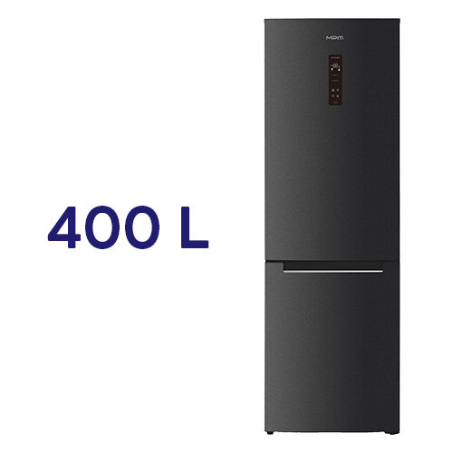 Ciemnoszara lodówka z wyświetlaczem na drzwiach, obok napis \'400 L\'.