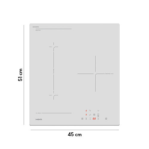 Płyta indukcyjna w kolorze białym z oznaczeniami stref grzewczych i panelem dotykowym. Widoczne są wymiary: 45 cm szerokości i 51 cm wysokości oraz logo MPM.