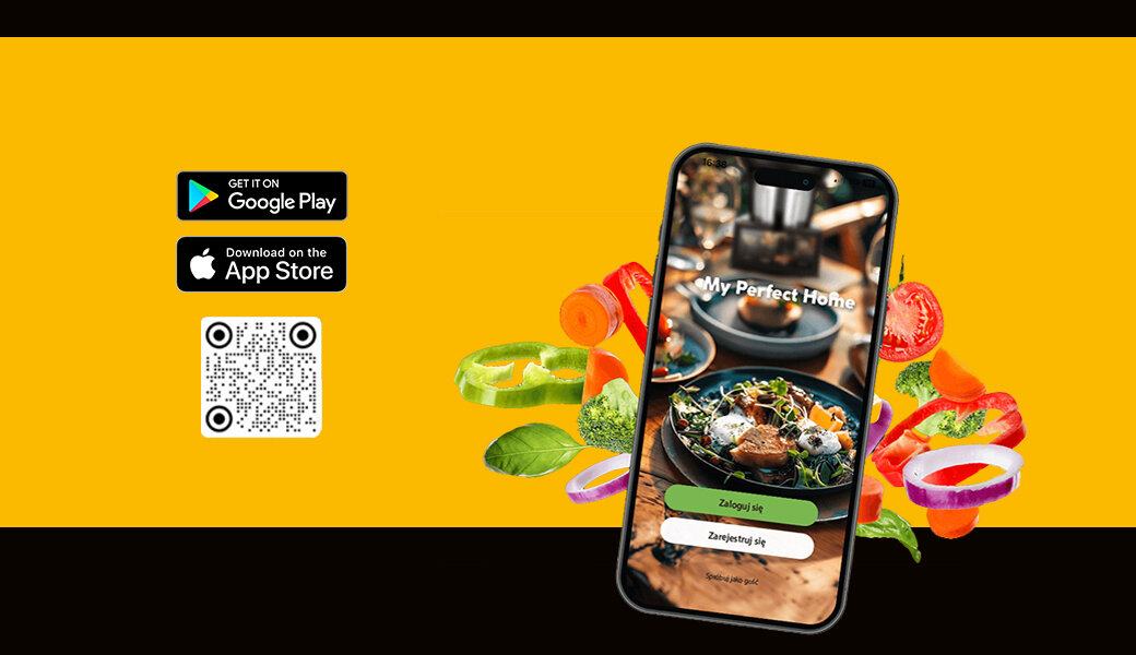 Smartfon z aplikacją kulinarną, obok logo Google Play i App Store oraz kod QR, na tle warzyw i żółtego tła.