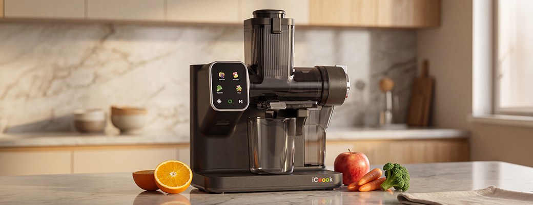 Wyciskarka wolnoobrotowa iCOOOK MSO-IC-01 stoi na blacie kuchennym obok pomarańczy, jabłka, marchewki i brokuła.