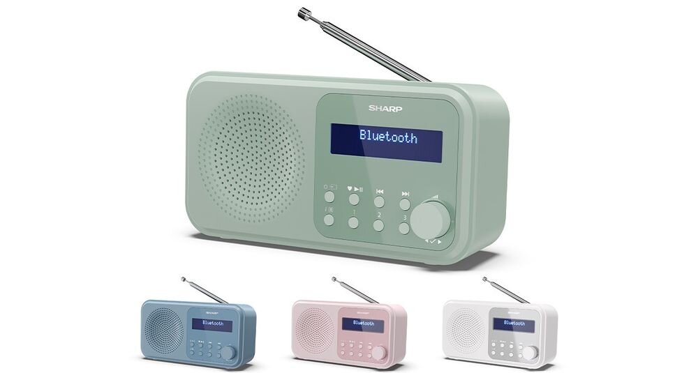 Radio SHARP DR-P420 różne kolory zielony niebieski różowy biały estetyka, cztery wersje kolorystyczne radia po skosie na białym tle