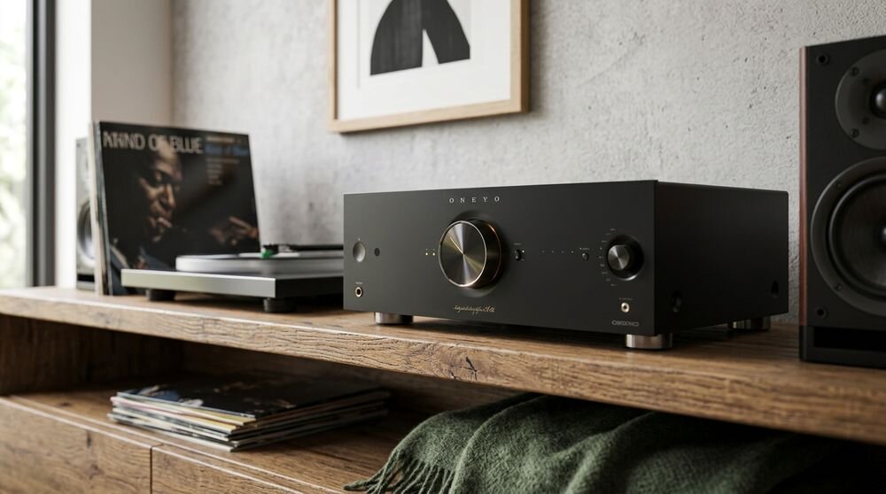 Wzmacniacz zintegrowany ONKYO ICON A-50 180 W 4 Ω 140 W 8 Ω źródła cyfrowe analogowe, urządzenie stojące na komodzie w pomieszczeniu