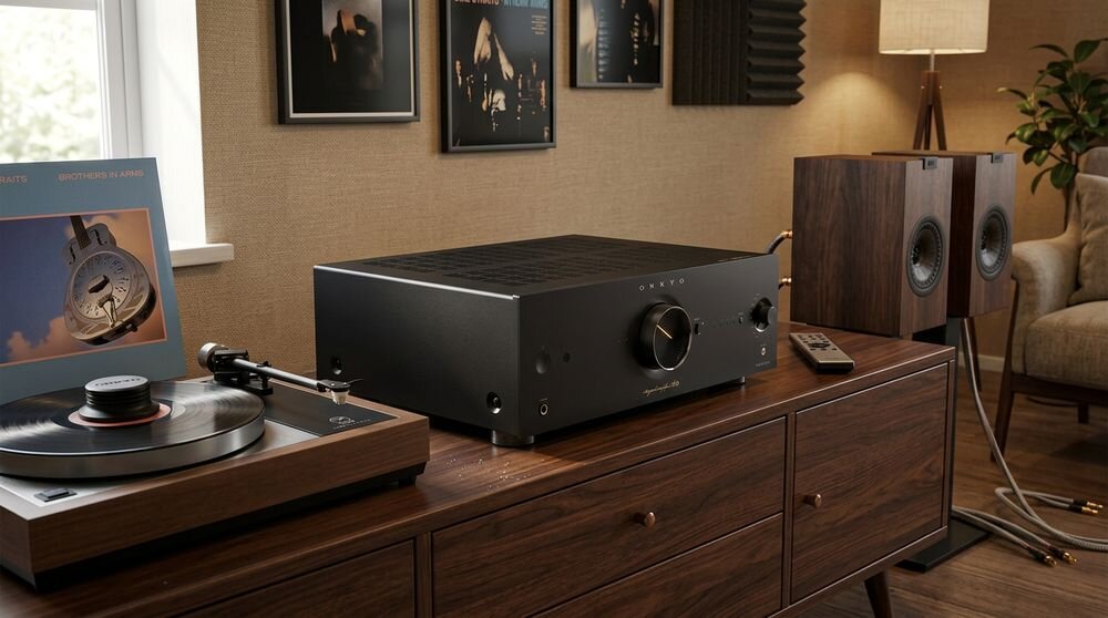 ONKYO ICON A-50 wzmacniacz Darlingtona trójstopniowy wysoki prąd wyjściowy niskie zniekształcenia, urządzenie stojące na komodzie w pomieszczeniu