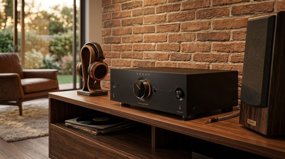 ONKYO ICON A-50 technologia DIDRC redukcja szumów wysokie częstotliwości klarowne brzmienie, urządzenie stojące na komodzie w pomieszczeniu