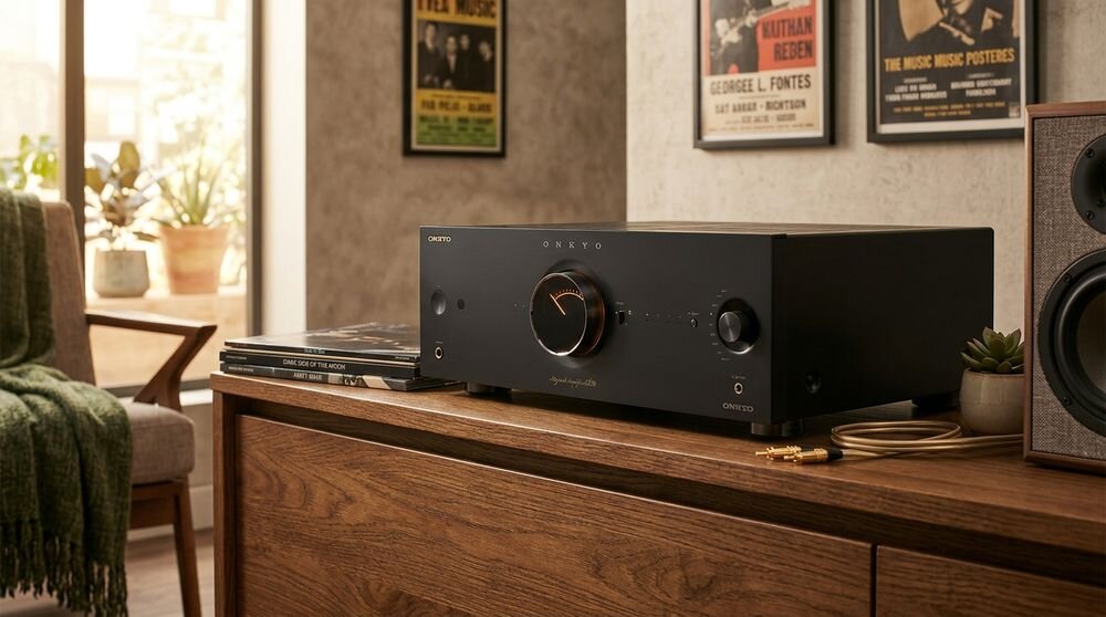 ONKYO ICON A-50 kondensatory 10000 µF miedziane szyny zbiorcze sztywny panel przedni, urządzenie stojące na komodzie w pomieszczeniu