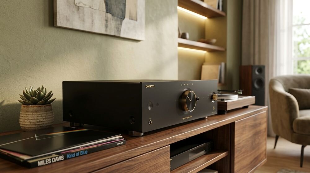 ONKYO ICON A-50 180 W 4 Ω 140 W 8 Ω impedancja głośników 4-16 Ω kolumny, urządzenie stojące na komodzie w pomieszczeniu