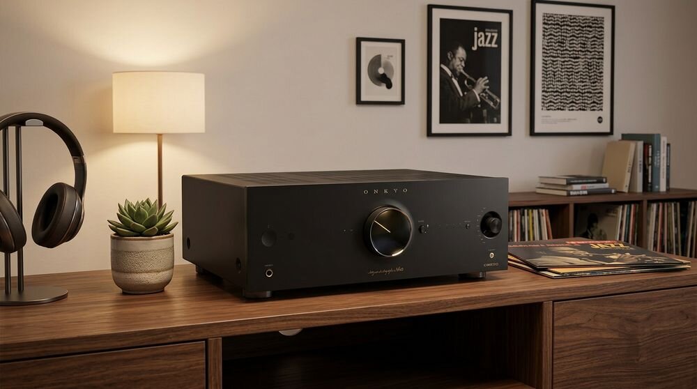 ONKYO ICON A-50 aluminiowa płyta 5 mm owalne chassis konstrukcja bezzwiatrakowa, urządzenie stojące na komodzie w pomieszczeniu