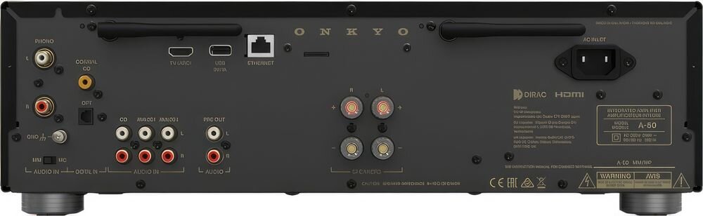 ONKYO ICON A-50 3 pary RCA HDMI ARC Phono MM MC Coax optyczne USB-A PRE OUT słuchawki, urządzenie na białym tle