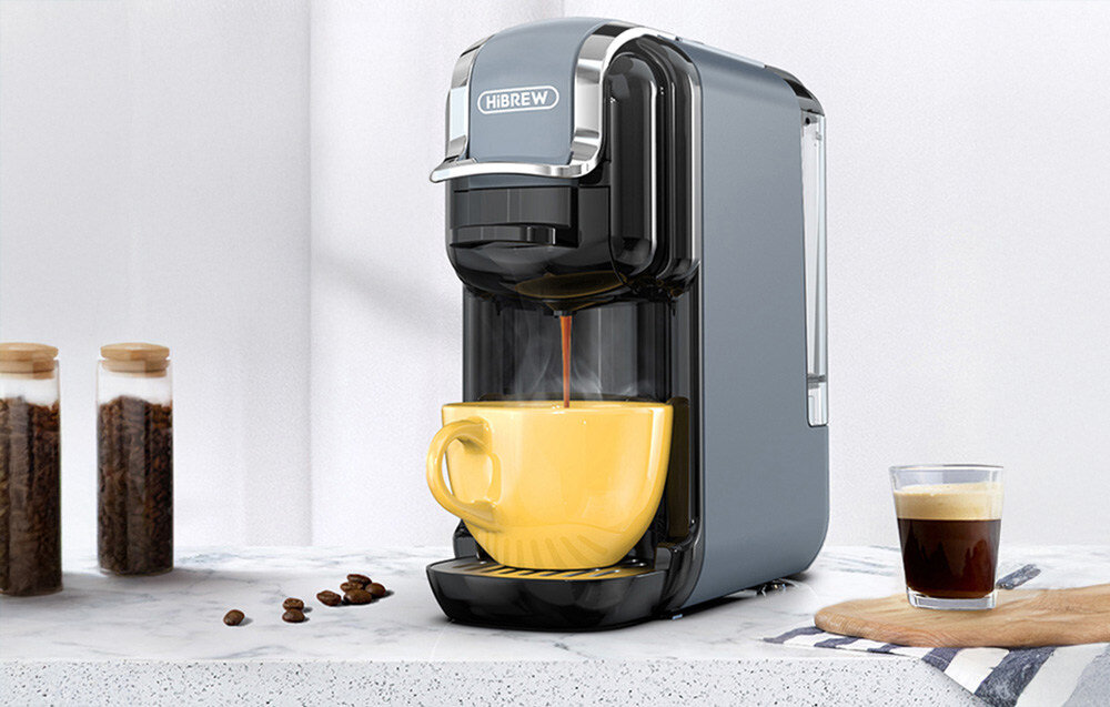 Ekspres kapsułkowy HiBREW H2B Szary wygląd design tło wizualizacja prezentacja W domowym zaciszu